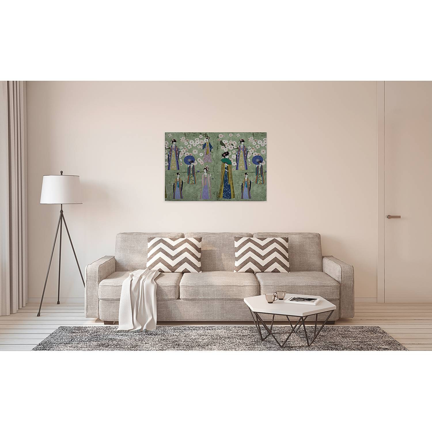 home24 Afbeelding Kimono abstracte illustratie groen/blauw, B: 90 cm, H: 60 cm