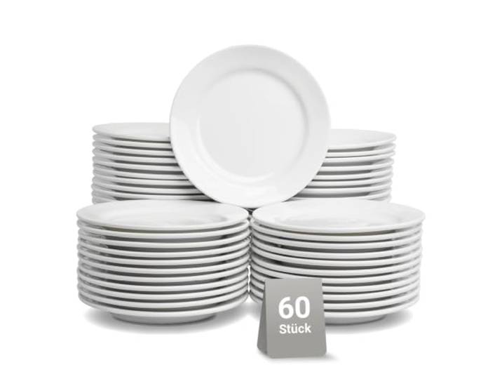 VEGA Base Teller flach 60 Personen – Ø 21 cm Porzellan weiß Gastronomie 60 Stück, stapelbar, robust, spülmaschinenfest & mikrowellengeeignet, Dessertteller, für Kantine Catering Beilagen Vorspeise