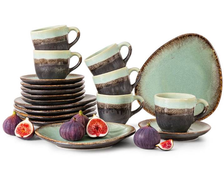 KONSIMO® Kaffeeservice PRIMA handglasiert, Loft-Stil, Premiumqualität aus EU (18-tlg), 6 Personen, Keramik, organische Form, salbeifarben, luxuriöses Qualitätsprodukt