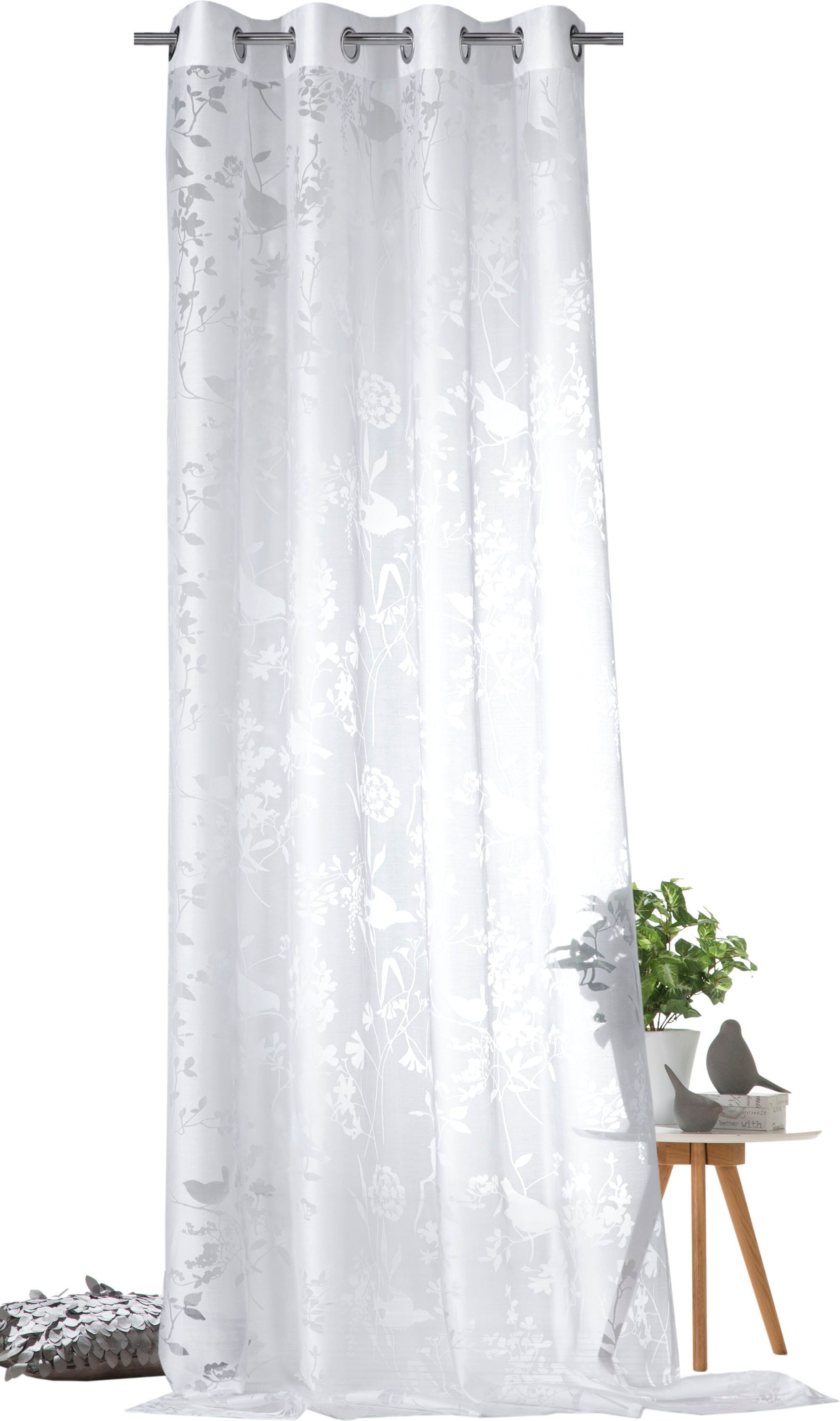 Vorhang WECKBRODT "Shorty, 1 Stück, Ösen, transparent, Motiv Vögel und Zweige" Gr. 1, beige (natur), B:140cm H:145cm, Ausbrenner, Polyester, Viskose, Gardinen, Vorhang, Ausbrenner, Allover,transparent,Motiv Vögel und Zweige, Gardine, Store natur 145cm, Ös