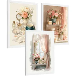 POSTER 3er-Set dekorative Badezimmerdrucke, romantischer Stil, Bilder mit Rosen, Parfums und Fenster, elegante, Wohndekoration Weißer Rahmen A4