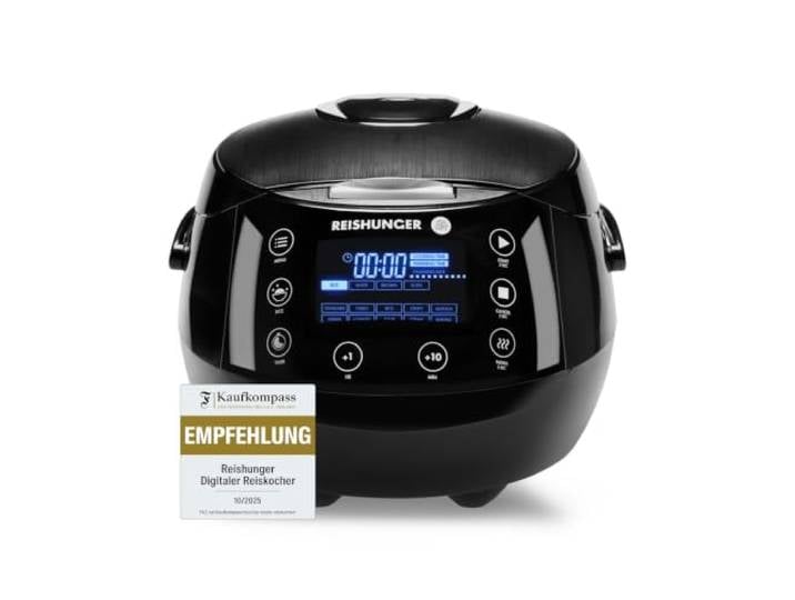 REISHUNGER Digitaler Reiskocher & Dampfgarer – 1,5L – Schwarz bis zu 8 Personen – Warmhaltefunktion, Timer & Premium Innentopf – Multikocher, 12 Programme, 7-Phasen-Technologie