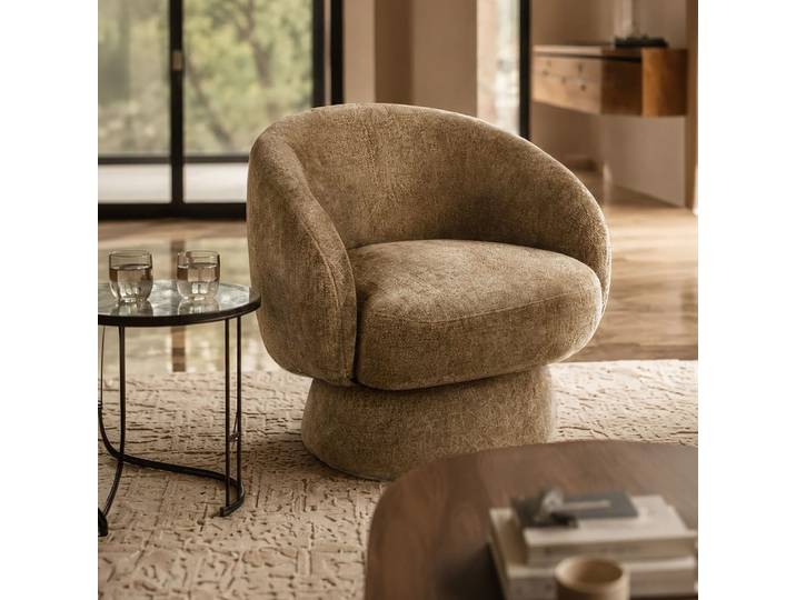 Fauteuil pivotant en tissu chenille caramel