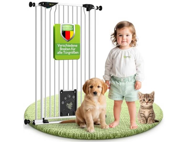BOMI Tierschutzgitter Mira Türschutzgitter mit Katzenklappe Ideales Absperrgitter Hund, Katzengitter Tür & Welpen Zubehör Hundegitter Wohnung weiß Metall Breite: 143-153 cm