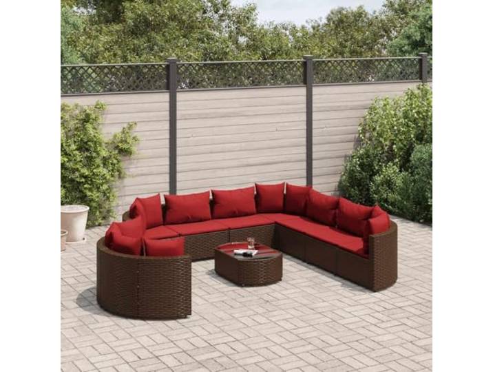 KTHLBRH Gartenmöbel-Set, 10-teilig, Polyrattan, Braun Modular, pulverbeschichteter Stahl, dicke Kissen, Glastisch, Terrassentisch