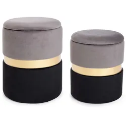 Pouf Polina 2er-Set Samt, modern mit Stauraum, rund, Grau Schwarz, abnehmbarer Deckel