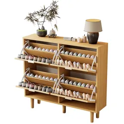 OKWISH Schuhschrank 100x25x90 mit 4 Klappschubladen Rattan Eichenoptik Luftzirkulation Stauraum Flur Schlafzimmer Braun