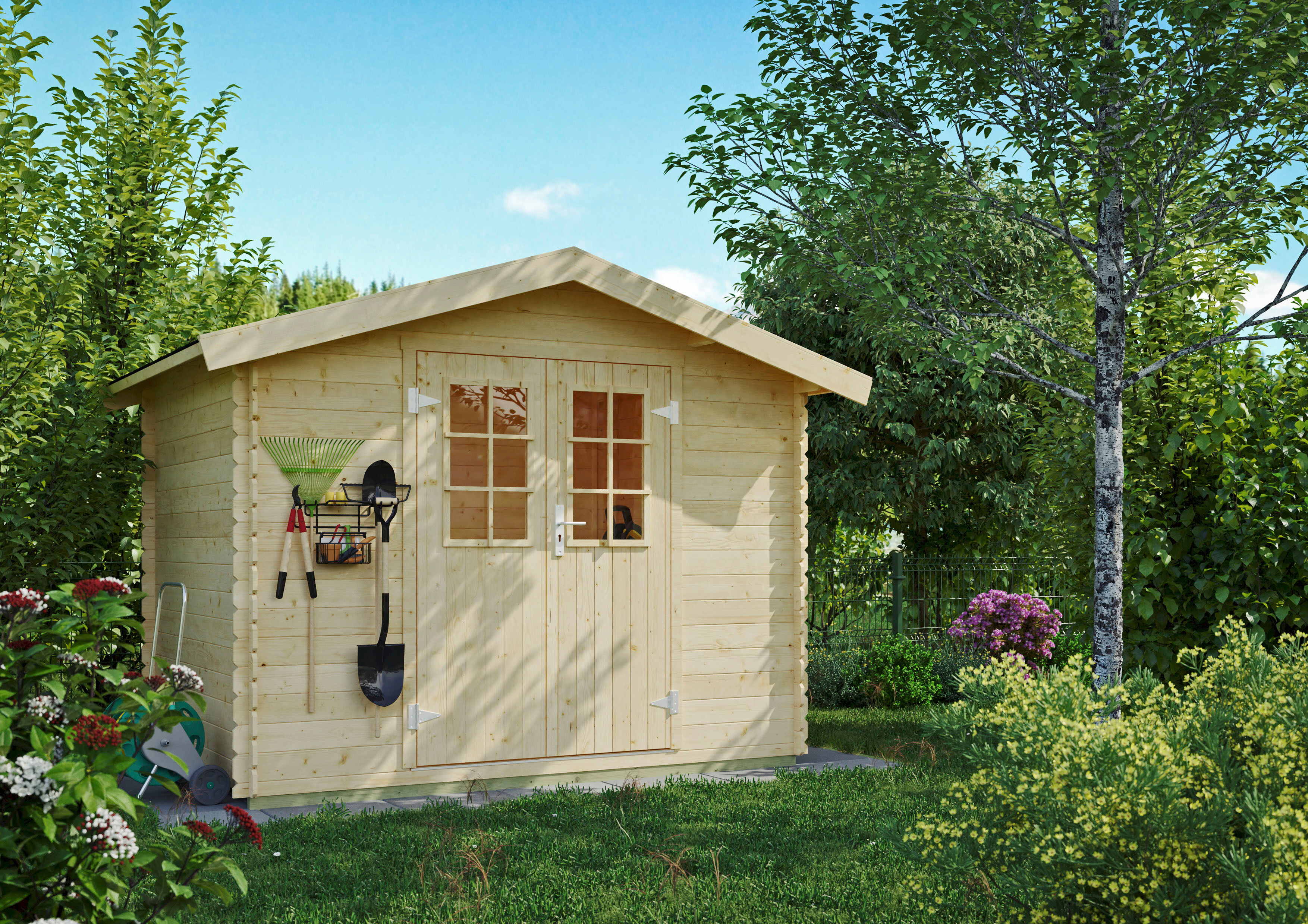 Gartenhaus KIEHN-HOLZ "Mellenberg 1", beige (naturbelassen), Fußboden im Gartenhaus, Dachschindeln, Holzwerkstoff, Gartenhäuser, Gartenhaus