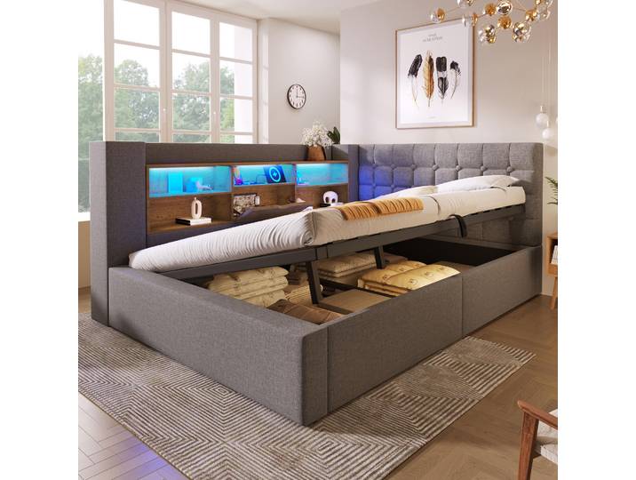 STILVORA Stauraumbett 140x190 cm mit LED & hydraulischem Stauraum, Polsterbett mit L-förmigem Kopfteil, Einzelbett mit beidseitiger Montage, Leinenstoff, Grau Ohne Matratze