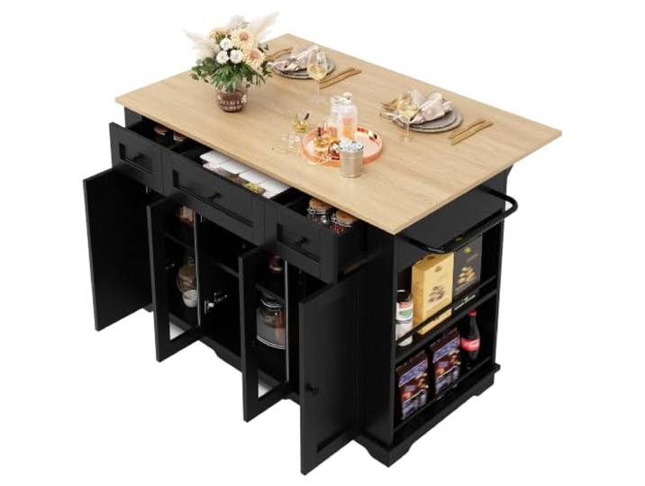 Ropilly Kücheninsel mit klappbarer Arbeitsplatte aus MDF und Glas Kücheninsel mit klappbarer Arbeitsplatte, Stauraum und dreistufigen Trennwänden für Küche und Essbereich