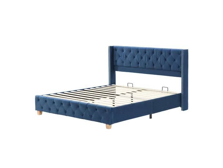 Modfu Polsterbett aus Samt 160x200 cm in Blau mit Lattenrost, 160x200 cm, Schlafzimmer, Betten, Polsterbetten