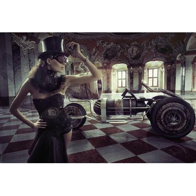 Fototapete PAPERMOON "STEAMPUNK-FRAU SEXY FANTASIE SURREAL KUNST RETRO AUTO", bunt, B:4m L:2,6m, Vlies, Tapeten