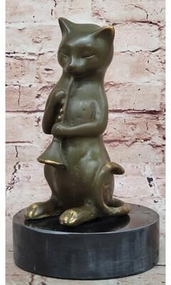 Bronzhaus Whimsical Cat Playing Clarinet Bronze Sculpture On Marble Base