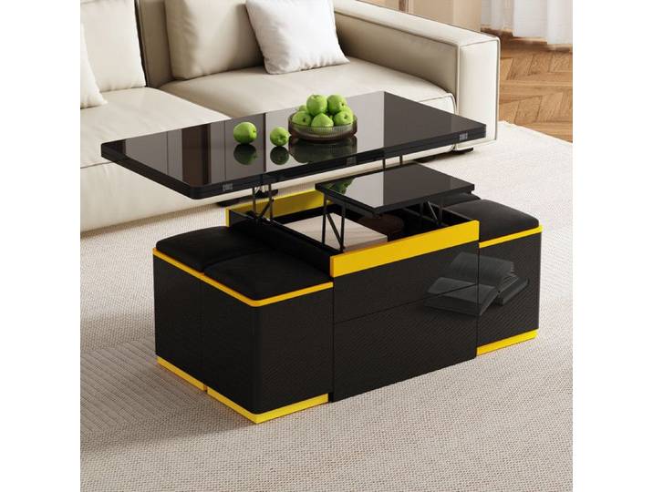 Bladez - Table Basse Relevable Rectangulaire 100x50x43 cm avec 4 Tabourets Rangement Pliable Salon Moderne - Noir