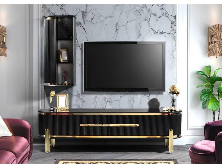 JVmoebel Sideboard Luxus TV Schrank in Schwarz mit goldenen Edelstahlfüßen (2 St., Sideboard mit Regal), Made in Europa