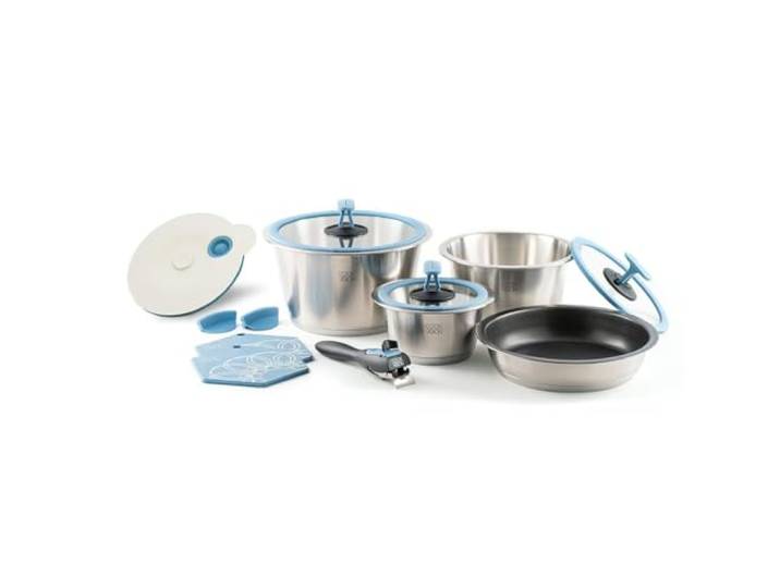 cookvision nesto stapelbares Topf- und Pfannenset 13-tlg. Blau, 3 Edelstahltöpfe, Spülmaschine, Induktion, Backofen, Antihaftpfanne, abnehmbarer Griff, 4 Deckel, für Paare, Camping, Reisen