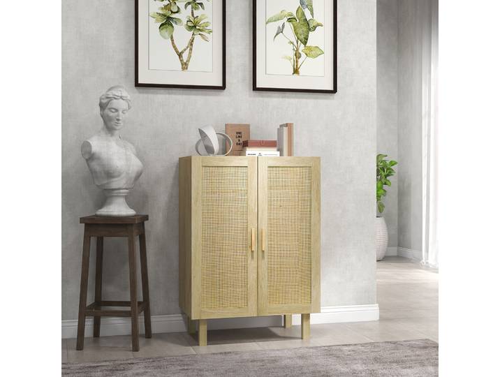 HOMCOM Buffet Bohème Double Portes 3 Étagères Cannage