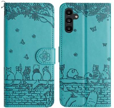 Inspired Deals Cute Cat Embossed Wallet Phone Case For Samsung Galaxy With Card Holder And Lanyard For Samsung Galaxy A15 5G blue