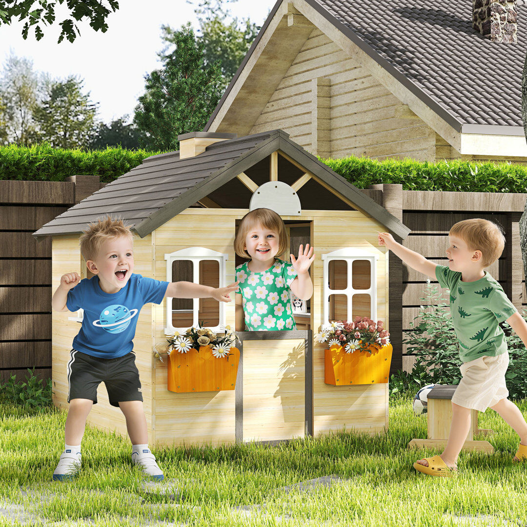 Freeport Park Waynoka Wooden Playhouse for Kids with Door for Ages 3-7 Years Natural Brown