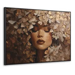 LEINWAND Bilder mit Rahmen - Gesicht - Dame - Blätter - Pinselstriche - 100x70