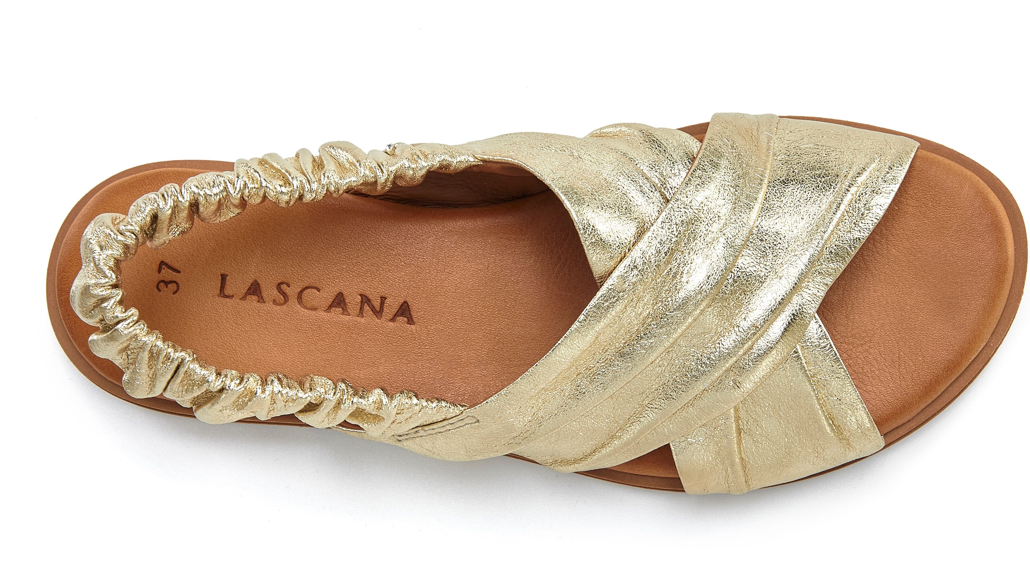 Sandale LASCANA "Sandalette, Sommerschuh, offener Schuh, Pantolette", Damen, Gr. 41, Schweinsleder, gold (goldfarben), Obermaterial: 100% Lammleder. Decksohle: 100% Rindsleder. Futter: 100% Schweinsleder. Laufsohle: 100% Synthetik, metallic, unifarben, Ba