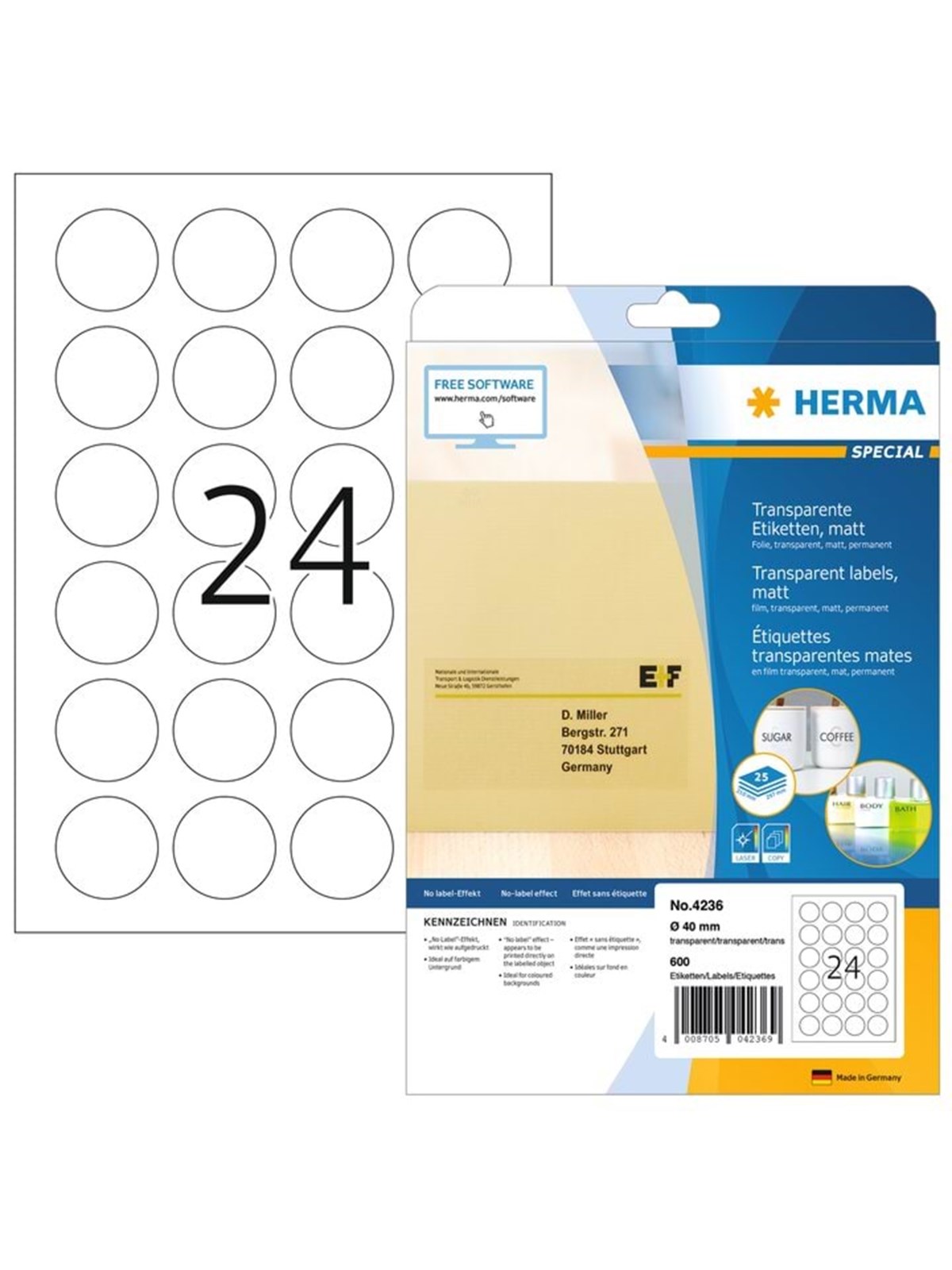 HERMA Verschlussetiketten A4, Ø 40 mm, transparent, wetterfest, stark haftend