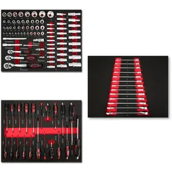 EBERTH Multitool Set 114 Teile, für Werkzeugwagen, mit beschrifteten Schaumstoffeinlegern, ergonomische Griffe, rot