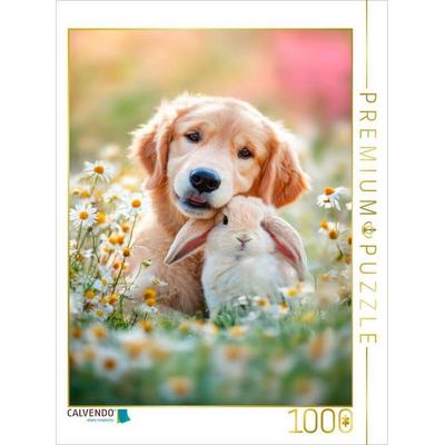 CALVENDO Puzzle Welpe und Kaninchen - Freundschaft im Blumenmeer | 1000 Teile Lege-Größe 64 × 48 cm Foto-Puzzle für glückliche Stunden, von , Calvendo
