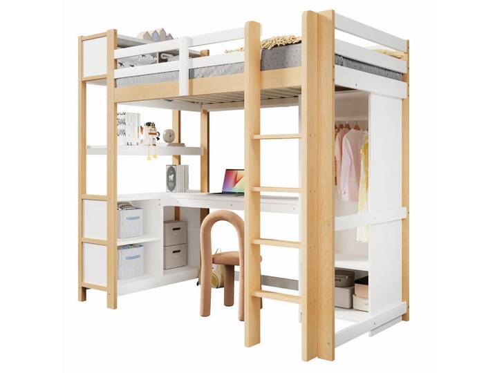 Redom Hochbett 90/200 cm aus Kiefern mit Schreibtisch, Regalen und Kleiderschrank, Weiß/Natur, Naturfarben, 90x200 cm, Babymöbel & Kindermöbel, Kinderzimmer & Jugendzimmer, Kinderbetten, Hochbetten
