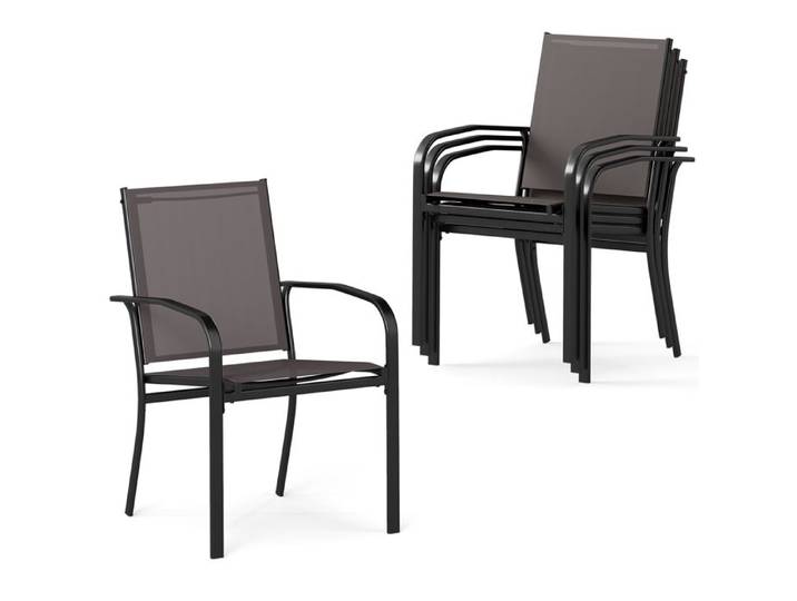 Lot de 4 Chaises de Jardin Extérieur Empilables COSTWAY Tissu Respirant Accoudoirs Dossier Cadre en Métal pour Bistro Terrasse