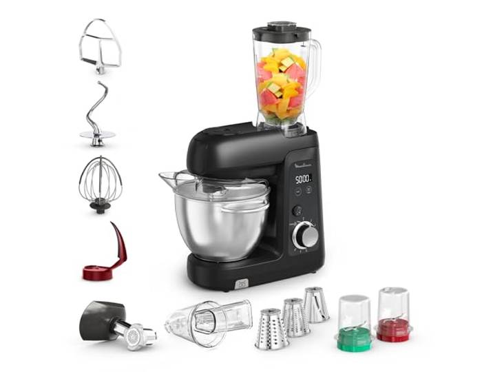 Moulinex - Bake Partner Robot Pâtissier - 1100w - Noir Robot pâtissier avec balance intégrée - Fouet\, batteur\, crochet\, hachoir à viande\, découpe-légumes et hachoir inclus