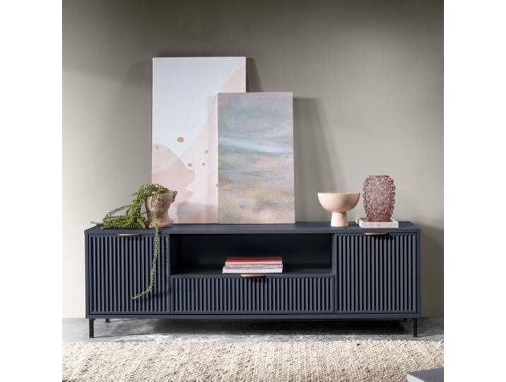 Lomadox TV Lowboard in Indigo blau mit Rillenoptik 165 cm Fernsehschrank Fernsehtisch 2 Türen 1 Schublade TV Regal TV Board