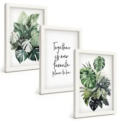 BILDER SET 3er Set - 20x30 cm Weißer Rahmen - Grüne Blätter tropischer Pflanzen
