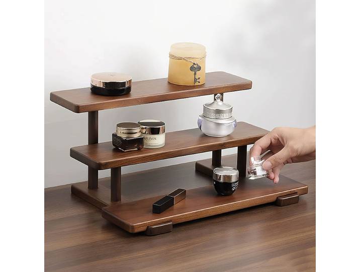 Support de rangement de bureau en bois massif à 3 niveaux, petit service à thé étagé, support à tasses, théière, décorations de support à déplacement culturel et artistique