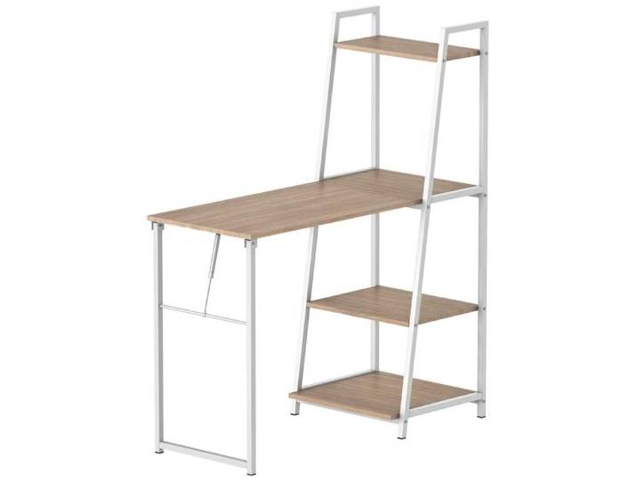 Bureau pliable rabattable - bureau bibliothèque 2 en 1 - 4 étagères - imitation bois chêne clair métal blanc