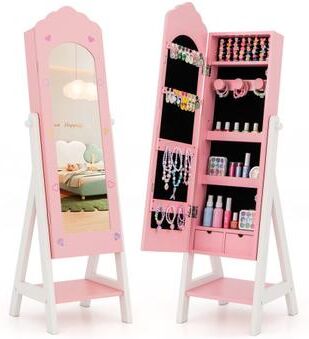 Costway Kids Jewelry Organizer with Full Length Mirror Drawers and Storage Shelves-Pink
