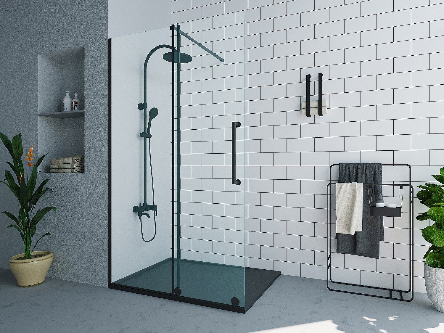 Unique Mampara de ducha italiana con puerta corredera de metal negro mate estilo industrial - 120 x 200 cm - YOREM