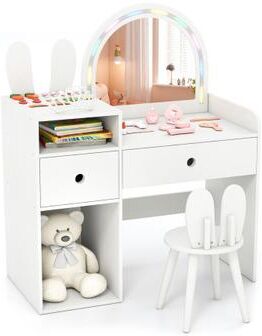 Costway Kids Vanity Desk and Chair Set with Lights, Open Shelves-White