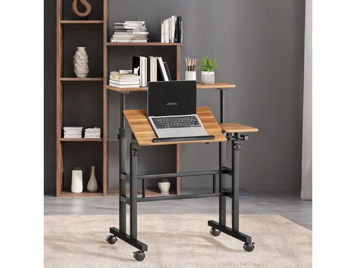 Bureau réglable assis-debout 70x60 cm plateau inclinable cadre métal marron
