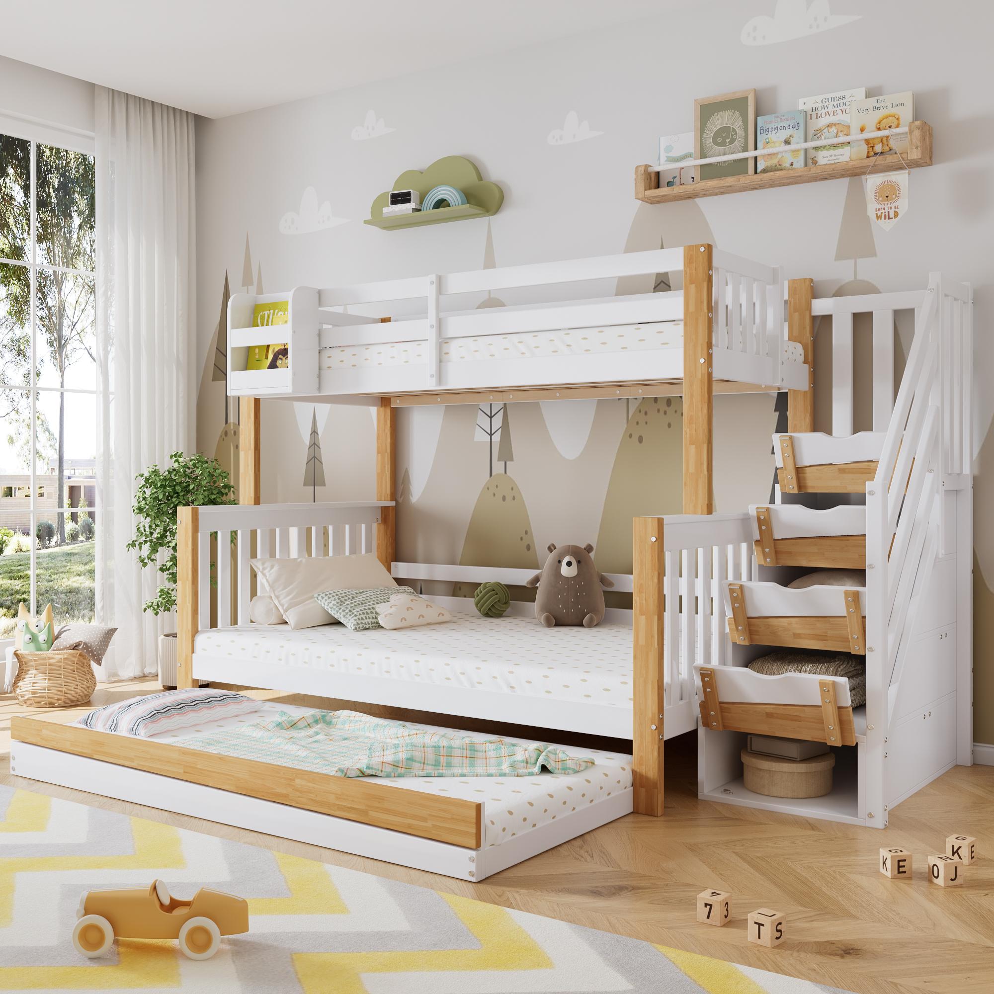 MODFU Kinderbett Etagenbett 90x200&120x200 mit Fallschutz und Gitter,Hochbett mit Rollbett,Ecktreppe und drei Bettpositionen,onhe Matratze,Weiß+Natur