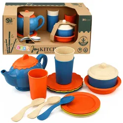 Kindergeschirr-Set aus Bambusfasern, blau und orange, 15-teilig.