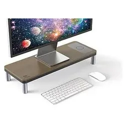 Powerton ERGO DOKY Ständer mit Dockingstation und kabelloser Ladefunktion, grau + dunkle Holzdekor, Monitor Erhöhung, Grau