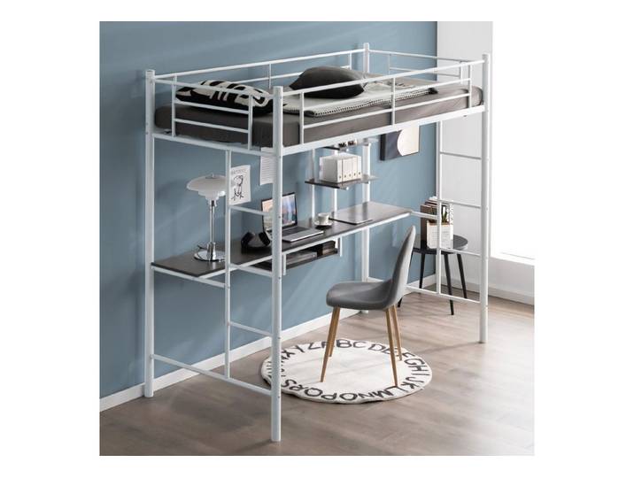 COSTWAY Hochbett mit Schreibtisch & Regalen, 2 Leitern, für Teenager & Erwachsene