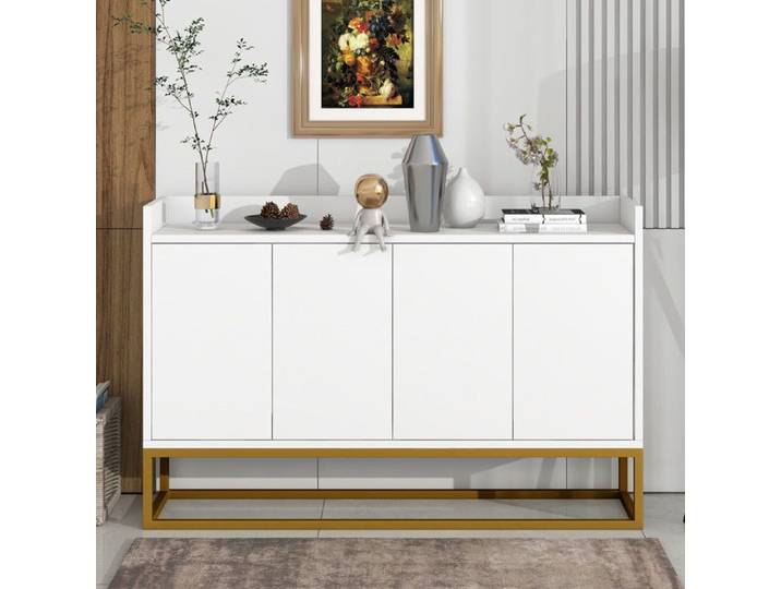 LEMLIT Buffet Bas Minimaliste 120 x 30 x 80 cm sans Poignée à 4 Portes avec Cadre Métallique Grand Rangement Blanc