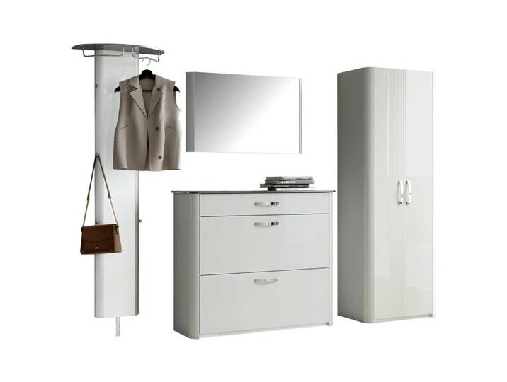 Moderano Garderobe, Weiss, Alufarben, Metall, Glas, Holzwerkstoff, 4-teilig, 270x192x34 cm, Garderobe, Garderobensets & -serien, Garderoben-Set