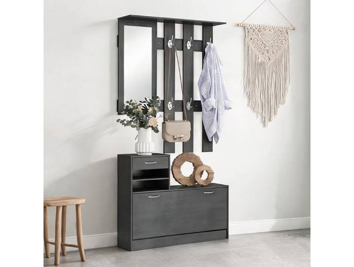 Meuble d'entrée 2 pièces en mélamine: vestiaire mural avec miroir et meuble à - Negro Melamina de Madera 90 x 10 x 91 cm Ref