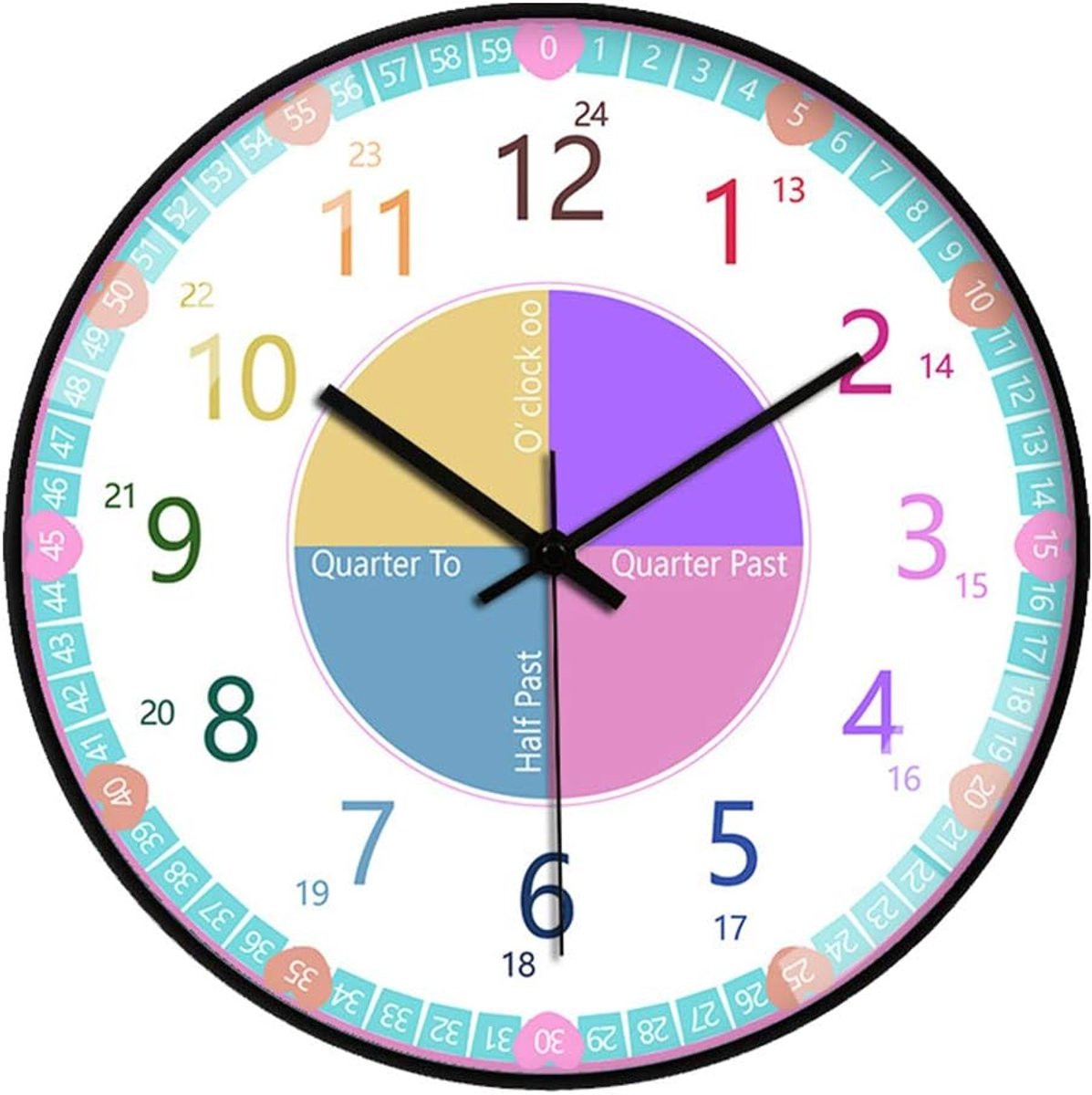 Educatieve analoge kinderwandklok voor het leren van de tijd, kleurrijk en niet-tikkend, 20 cm (8 inch), Kleur A