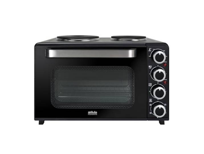 Silva Schneider Kleinküche KK 3200 mit Umluft 30 l Garraum 3200W Backrohr 1600W Umluft-Funktion 2 Kochplatten Inkl. Pizzastein & Drehspieß schwarz