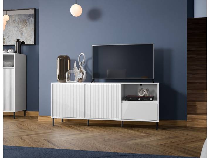 Meuble TV Jitang MDF panneau de fibres de bois à densité moyenne , laqué Blanc/Blanc 158cm