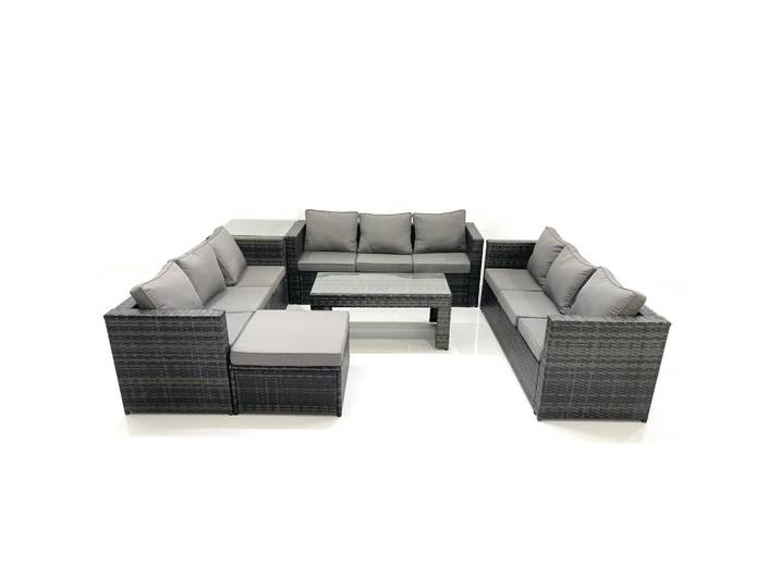 Fimous Gartenmöbel Couchtisch SET mit Sofa Polyrattan Outdoor 10-Sitzer, Dunkelgrau, Metall, Kunststoff, Glas, Füllung: Schaumstoff,Schaumstoff, rechteckig, Gartenmöbel, Gartengarnituren, Gartenmöbel-Sets